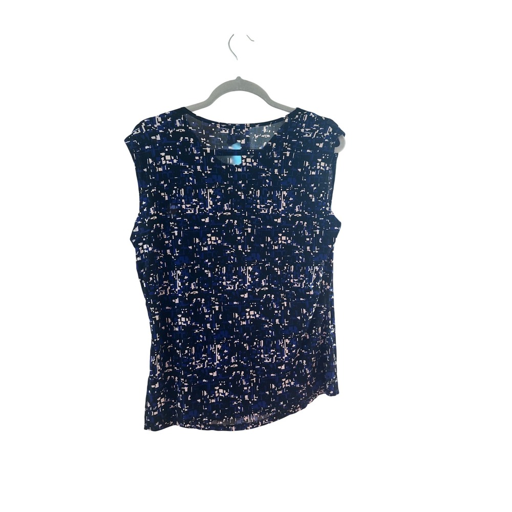 Jennie & Marlis Blue Black Geometric Cowl Neck Sleeveless Blouse XL, Office